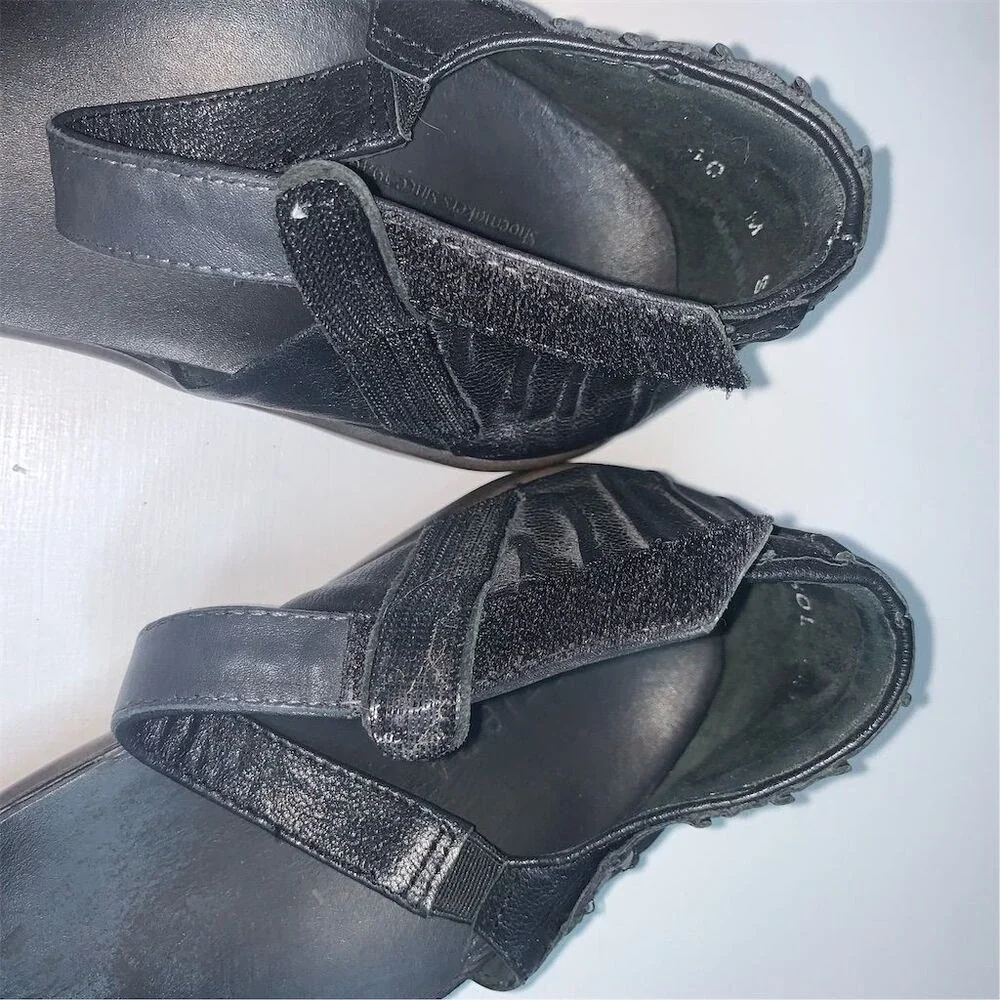 Ziera Sol Black Leather Floral Rosette Wedge Sandals‎ Mens 40 M